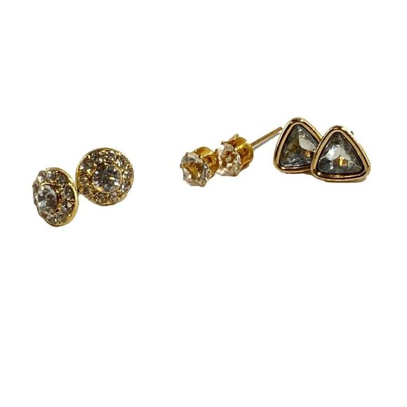 Gold-Tone Crystal & Rhinestone Stud Earrings Set Of 3 Pairs - Picture 2 of 2